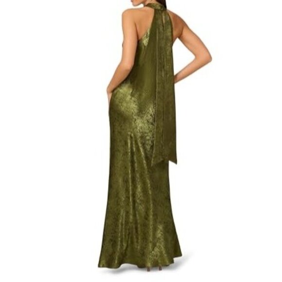Adrianna Papell Womens Folied Chiffon Halter Gown Dark Olive Size 4 NWT - Picture 2 of 5